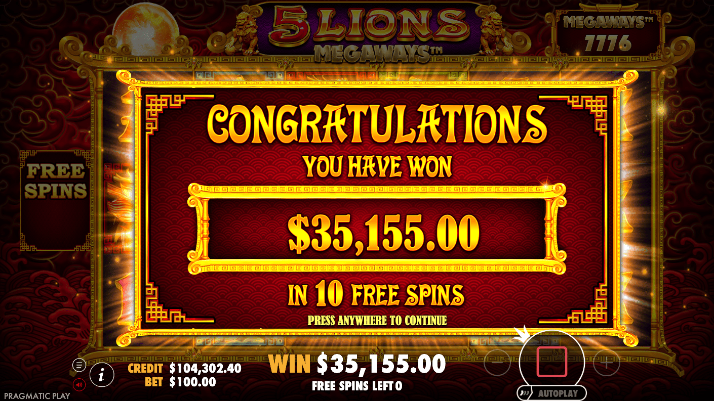 5 Lions Megaways(5 라이온스 메가웨이즈) 30k 빅윈 화면